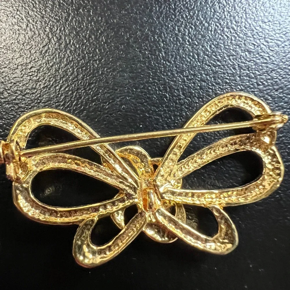 Gold‎ Tone Bow Brooch Rhinestone Accents Elegant Vintage Inspired Ribbon Pin